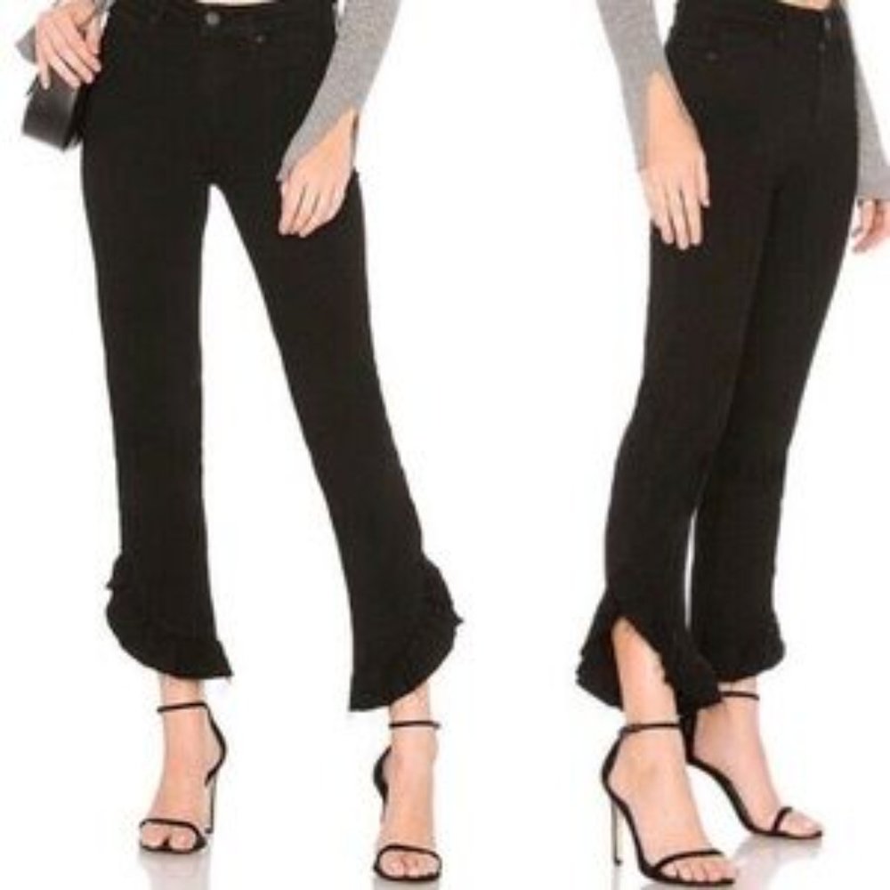 PAIGE Hoxton Straight Ankle Black Jeans Ruffle Distressed Hem Size 29